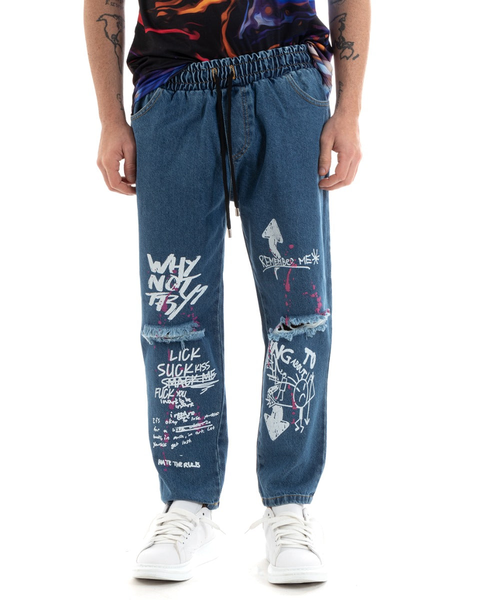 Pantaloni Jeans Uomo Regular Fit Denim Stampa Pantalaccio Con Rotture GIOSAL-P5767A