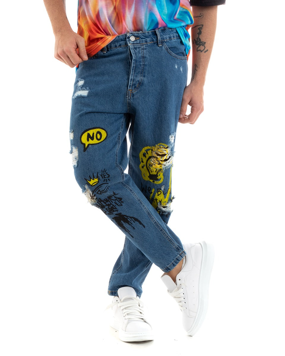 Pantaloni Jeans Uomo Loose Fit Denim Stampa Cinque Tasche Casual GIOSAL-P5768A
