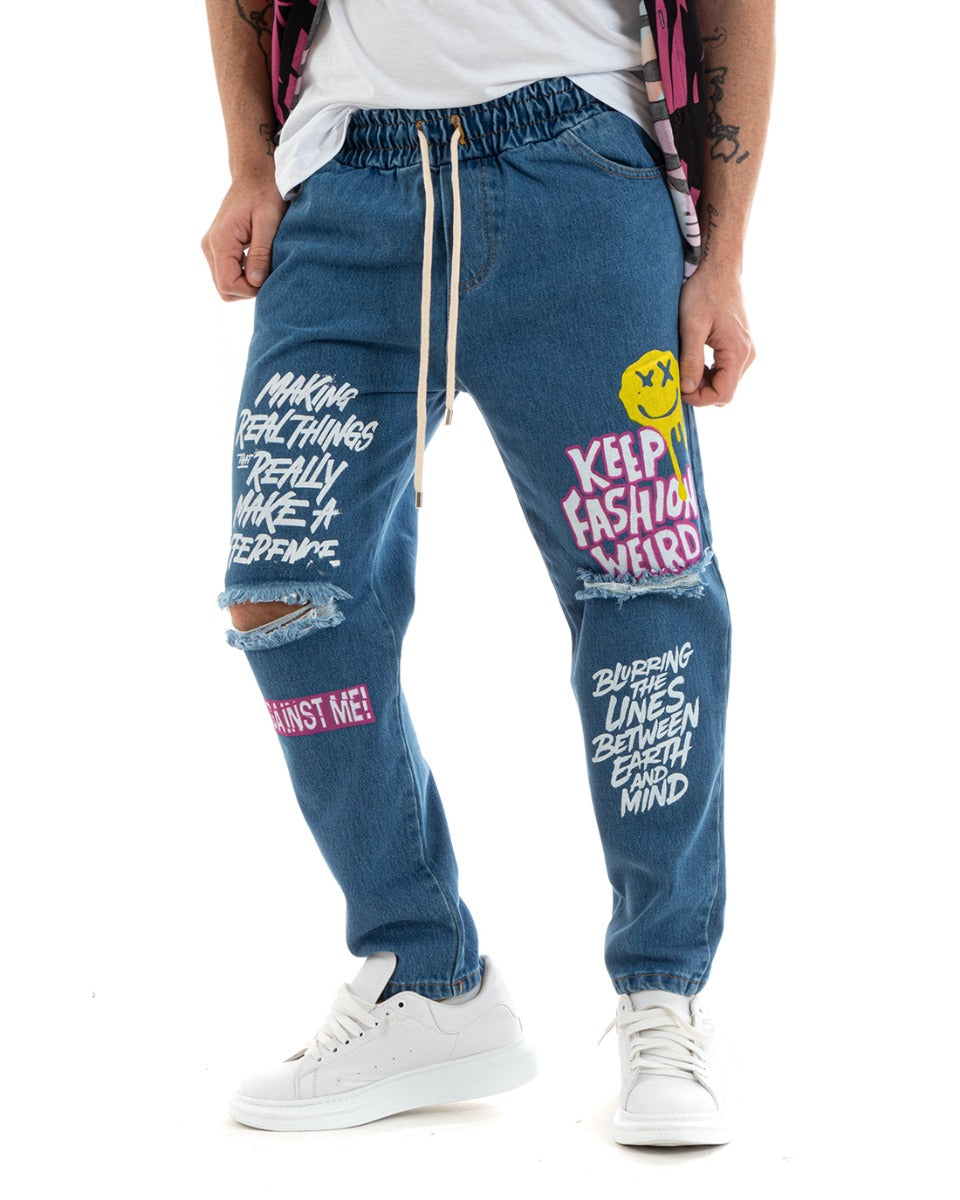 Pantaloni Jeans Uomo Regular Fit Pantalaccio Denim Con Stampa Rotture Casual GIOSAL-P5770A