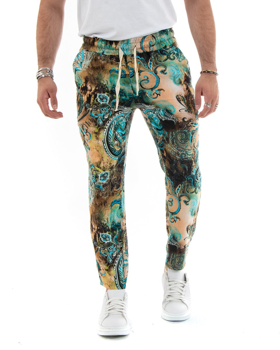 Men's Long Linen Multicolored Floral Pattern Elastic Casual Trousers GIOSAL-P5774A