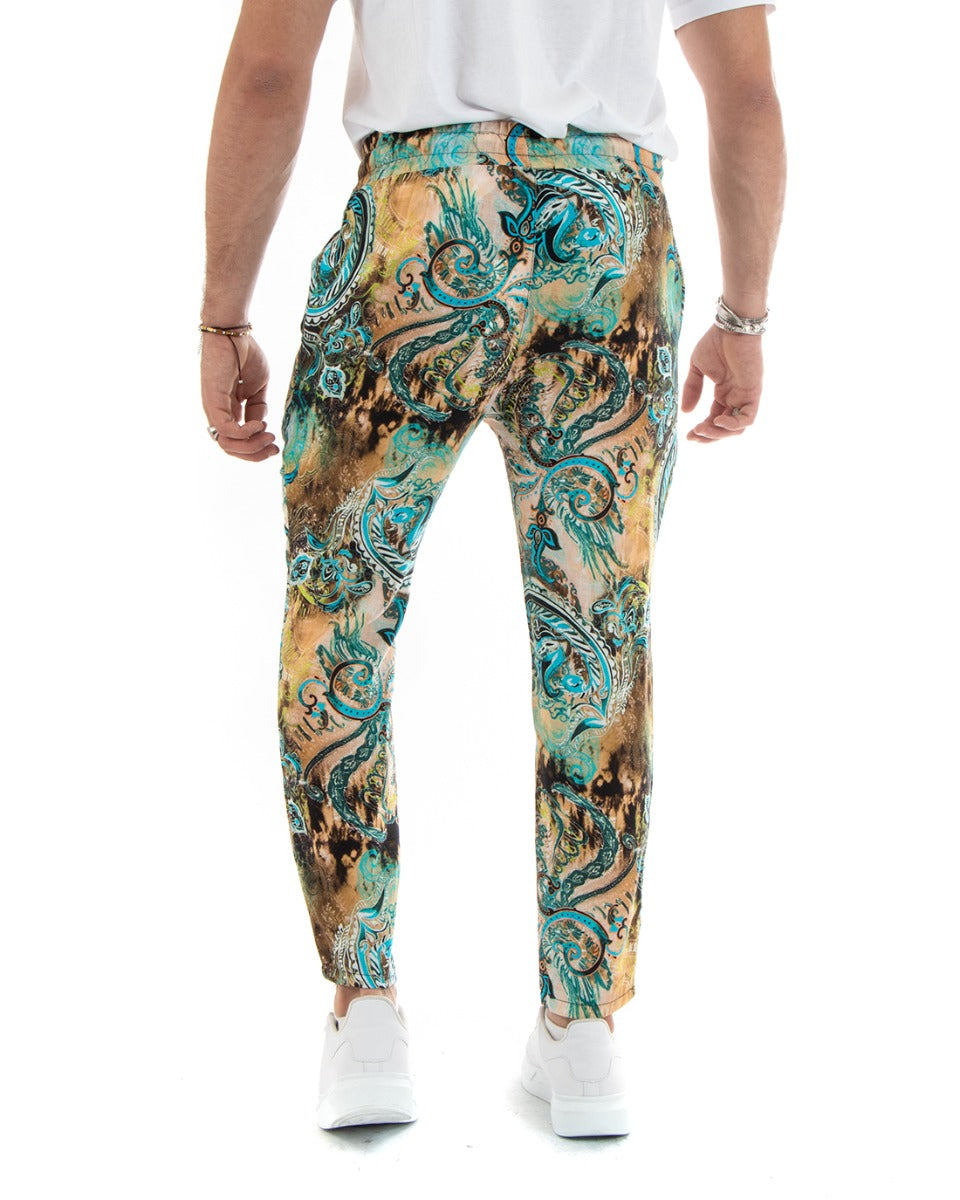 Men's Long Linen Multicolored Floral Pattern Elastic Casual Trousers GIOSAL-P5774A
