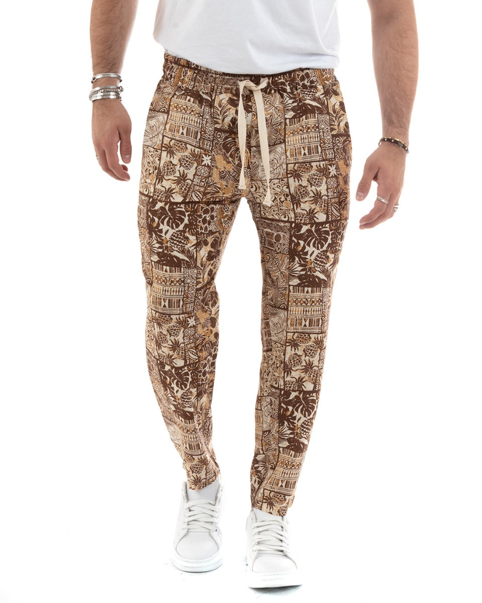 Men's Long Linen Multicolored Floral Pattern Elastic Casual Trousers GIOSAL-P5775A