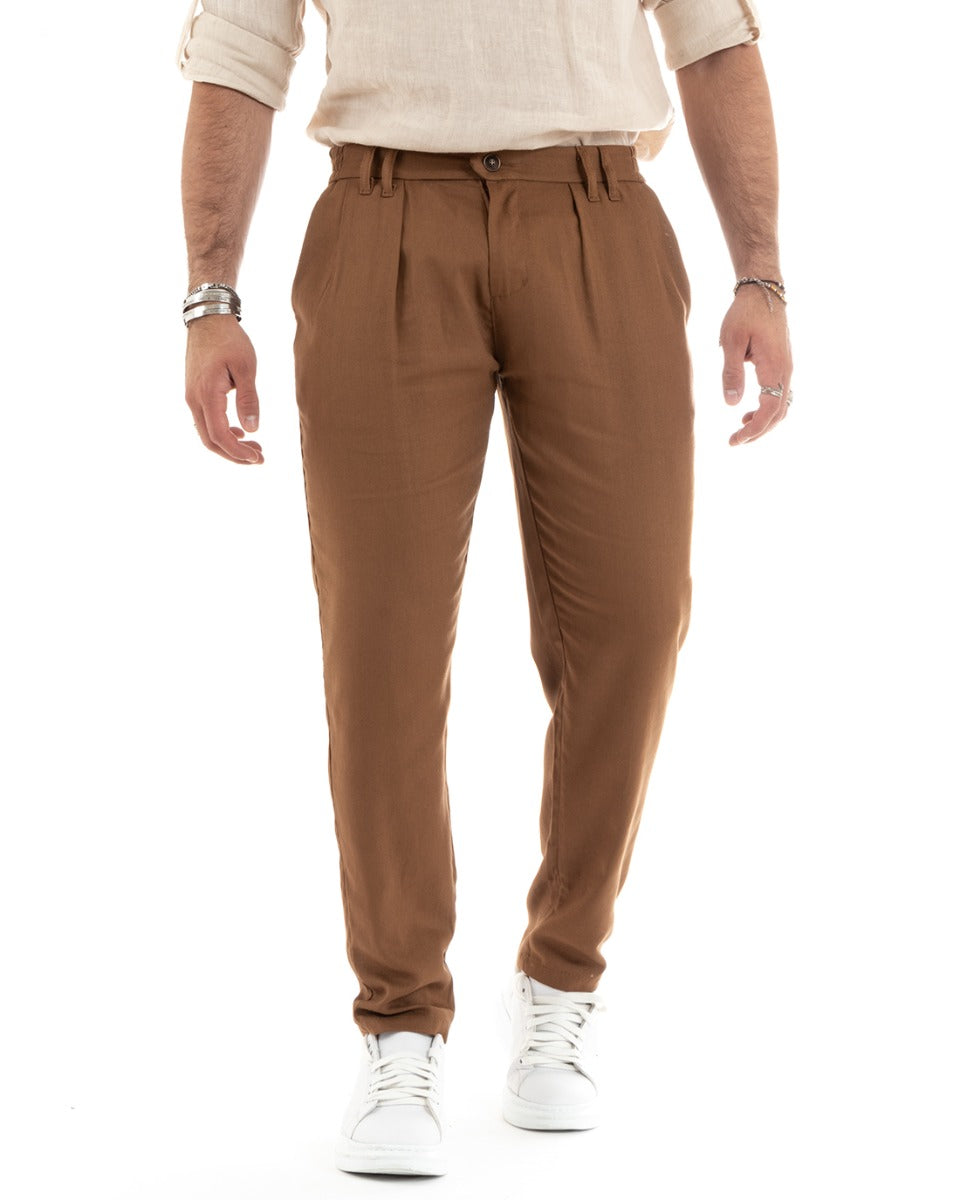 Men's Long Solid Color Trousers Elastic on the Sides Camel Casual GIOSAL - P5776A