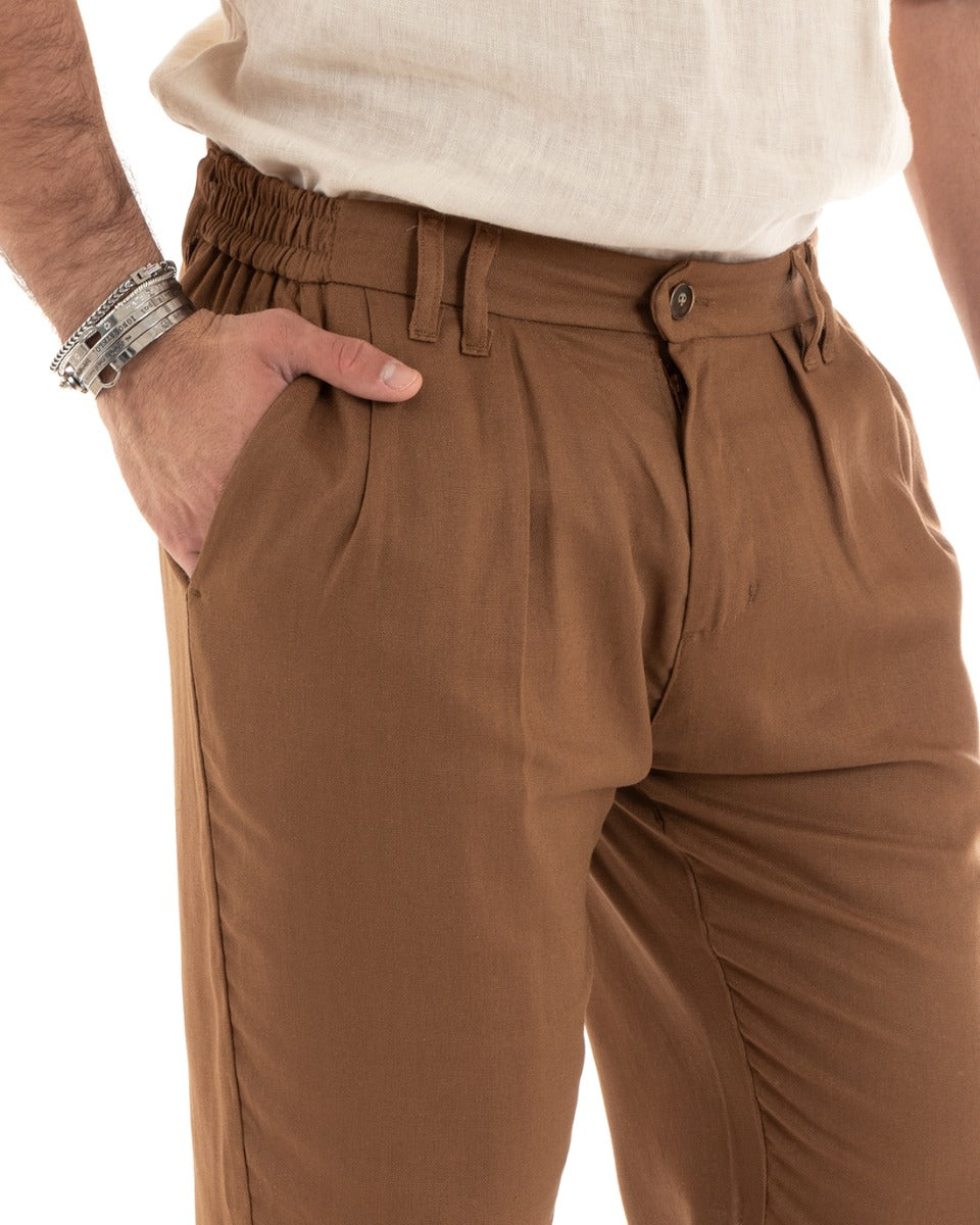 Pantaloni Uomo Lino Lungo Elastico Tinta Unita Camel Casual GIOSAL-P5776A