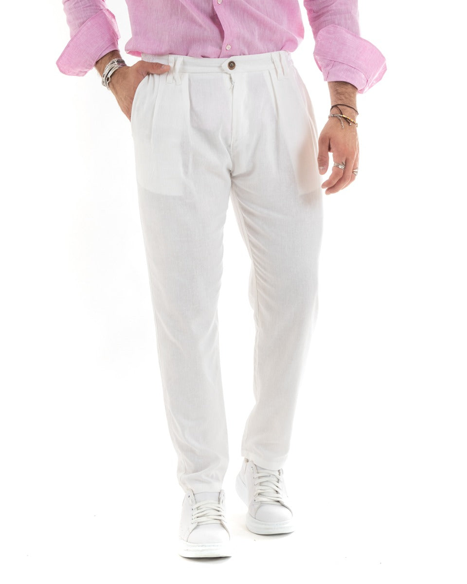 Men's Long Solid Color Elastic Pants on the Sides White Casual GIOSAL - P5777A