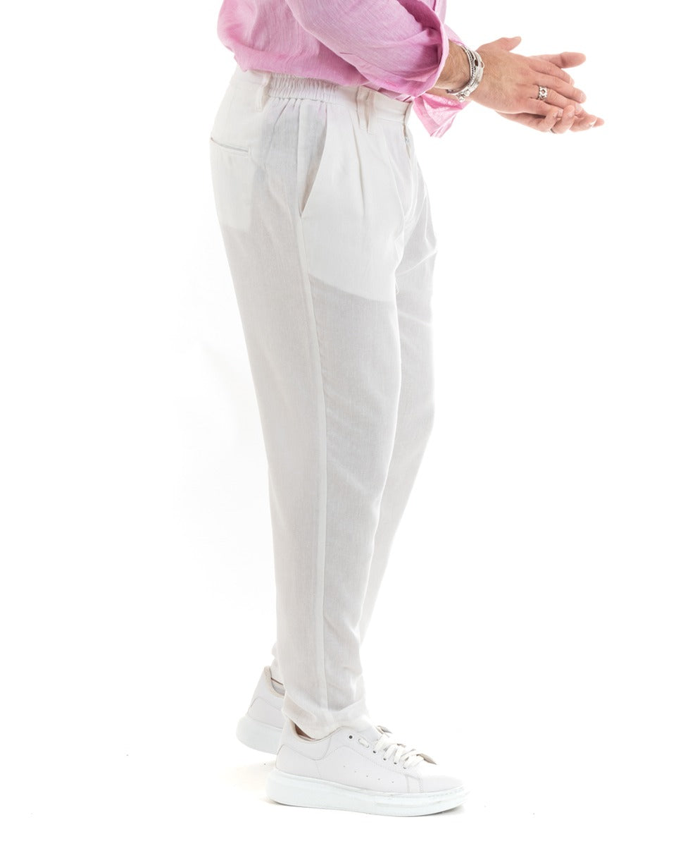Pantaloni Uomo Lino Lungo Elastico Tinta Unita Bianco Casual GIOSAL-P5777A