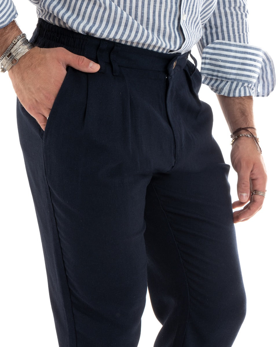 Pantaloni Uomo Lino Lungo Elastico Tinta Unita Blu Casual GIOSAL-P5778A