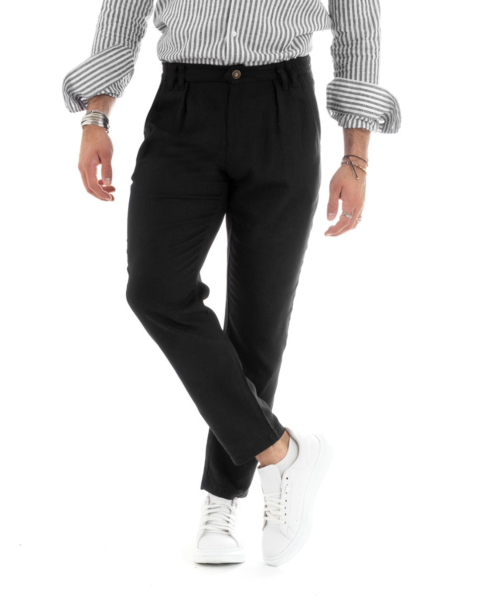Men's Long Solid Color Elastic Pants on the Sides Black Casual GIOSAL- P5779A