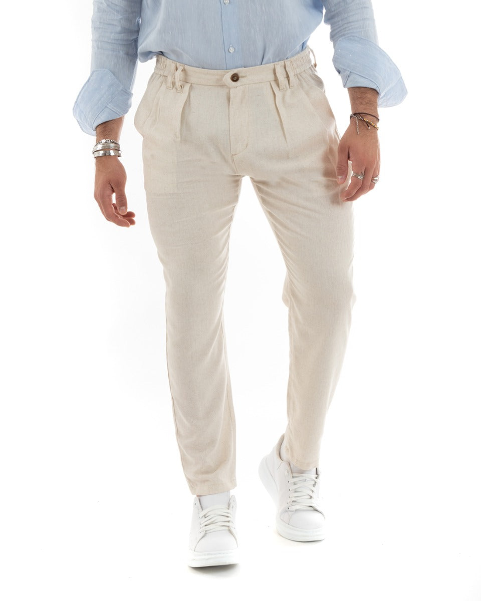 Men's Long Solid Color Trousers Elastic on the Sides Beige Casual GIOSAL- P5780A