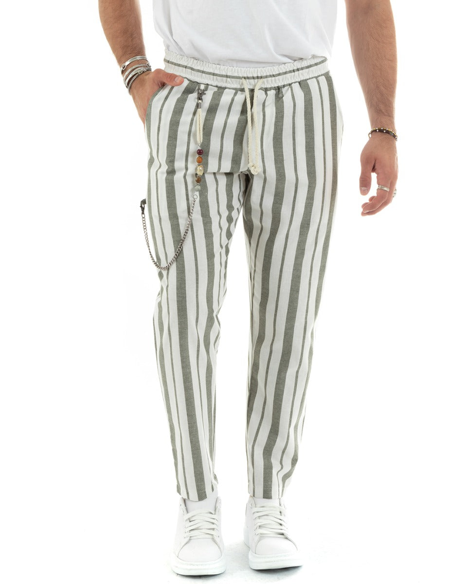 Men's Long Green Striped Elastic Drawstring Casual Lightweight Trousers GIOSAL-P5781A