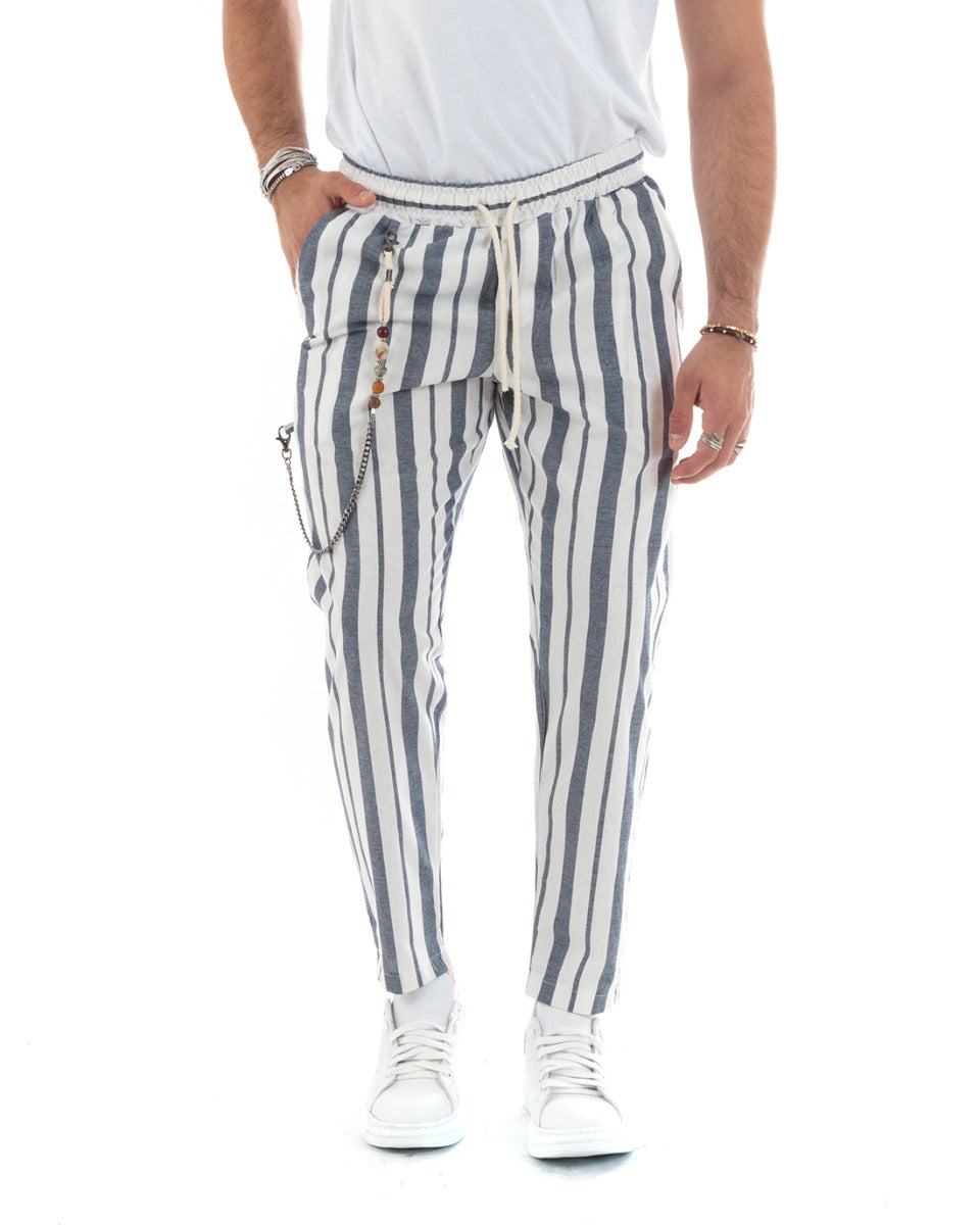 Men's Long Blue Striped Elastic Drawstring Casual Lightweight Trousers GIOSAL-P5782A