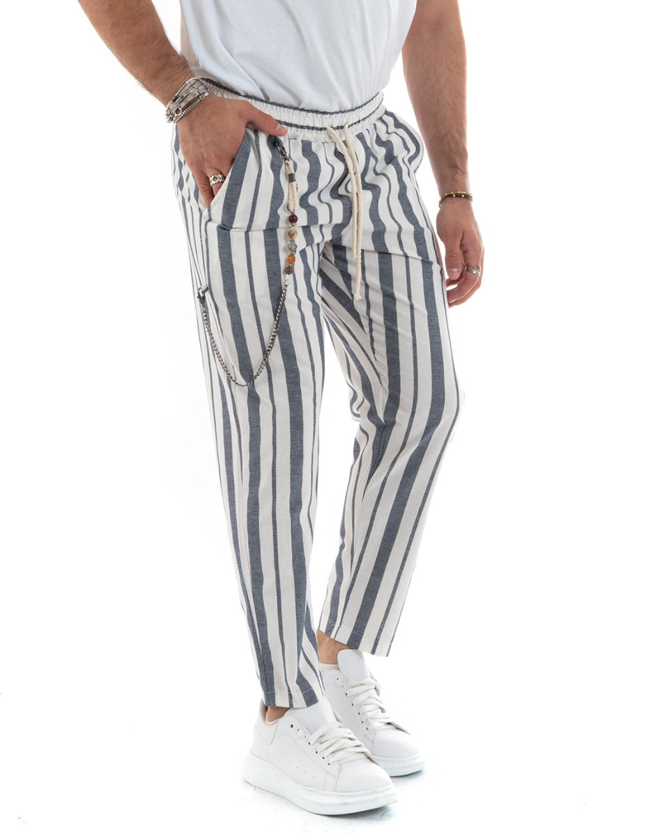 Men's Long Blue Striped Elastic Drawstring Casual Lightweight Trousers GIOSAL-P5782A