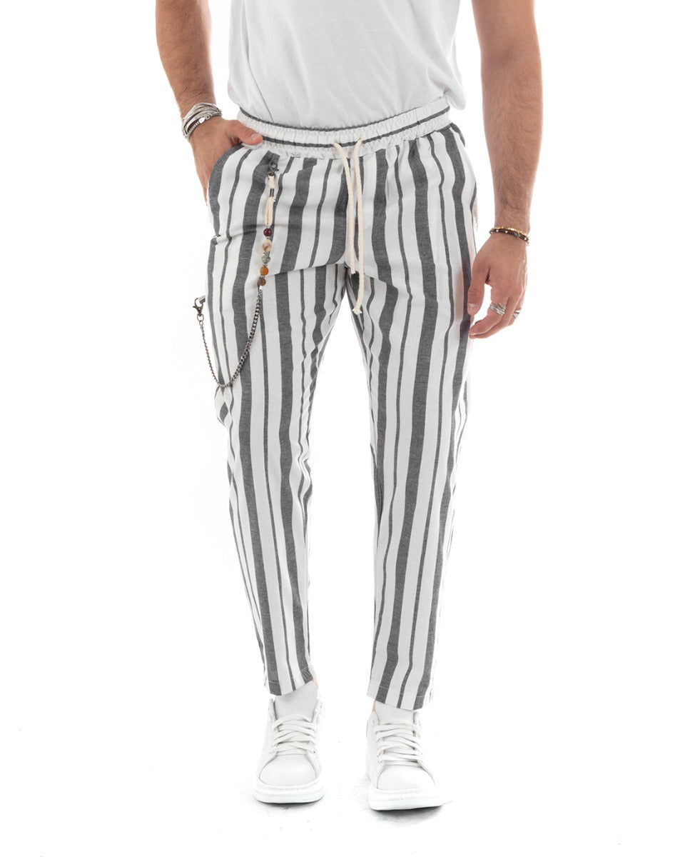 Men's Long Black Striped Elastic Drawstring Casual Lightweight Trousers GIOSAL-P5783A