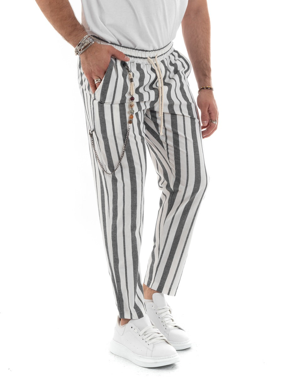 Men's Long Black Striped Elastic Drawstring Casual Lightweight Trousers GIOSAL-P5783A