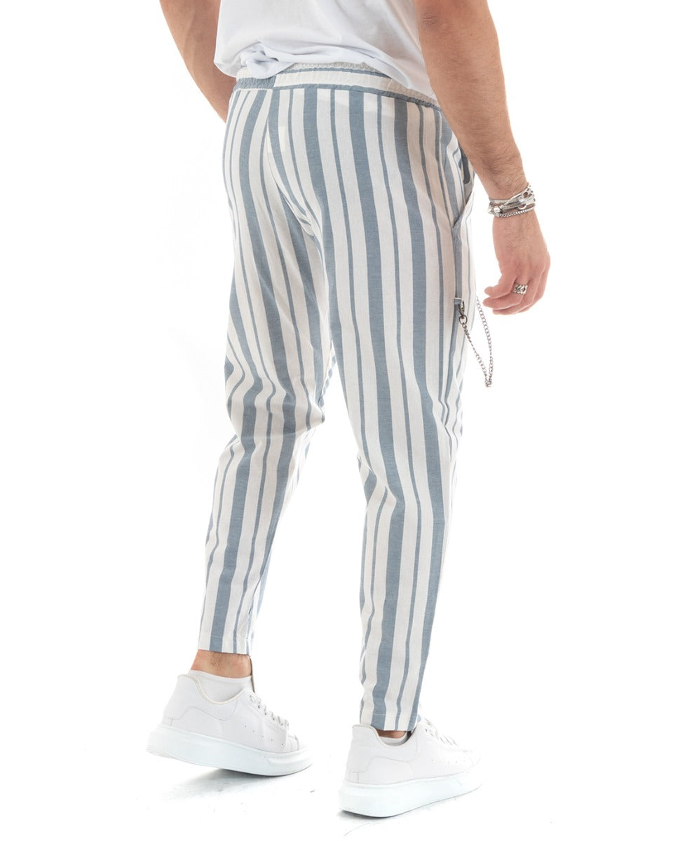 Men's Long Striped Light Blue Elastic Drawstring Casual Light Blue Trousers GIOSAL-P5784A