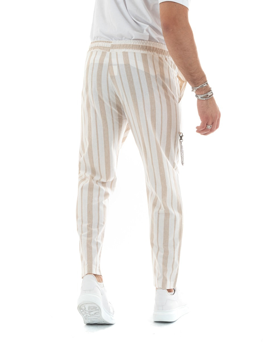 Men's Long Striped Beige Elastic Drawstring Casual Lightweight Trousers GIOSAL-P5785A