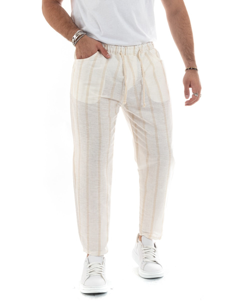 Men's Linen Striped Elastic Casual Trousers Beige Drawstring GIOSAL-P5786A