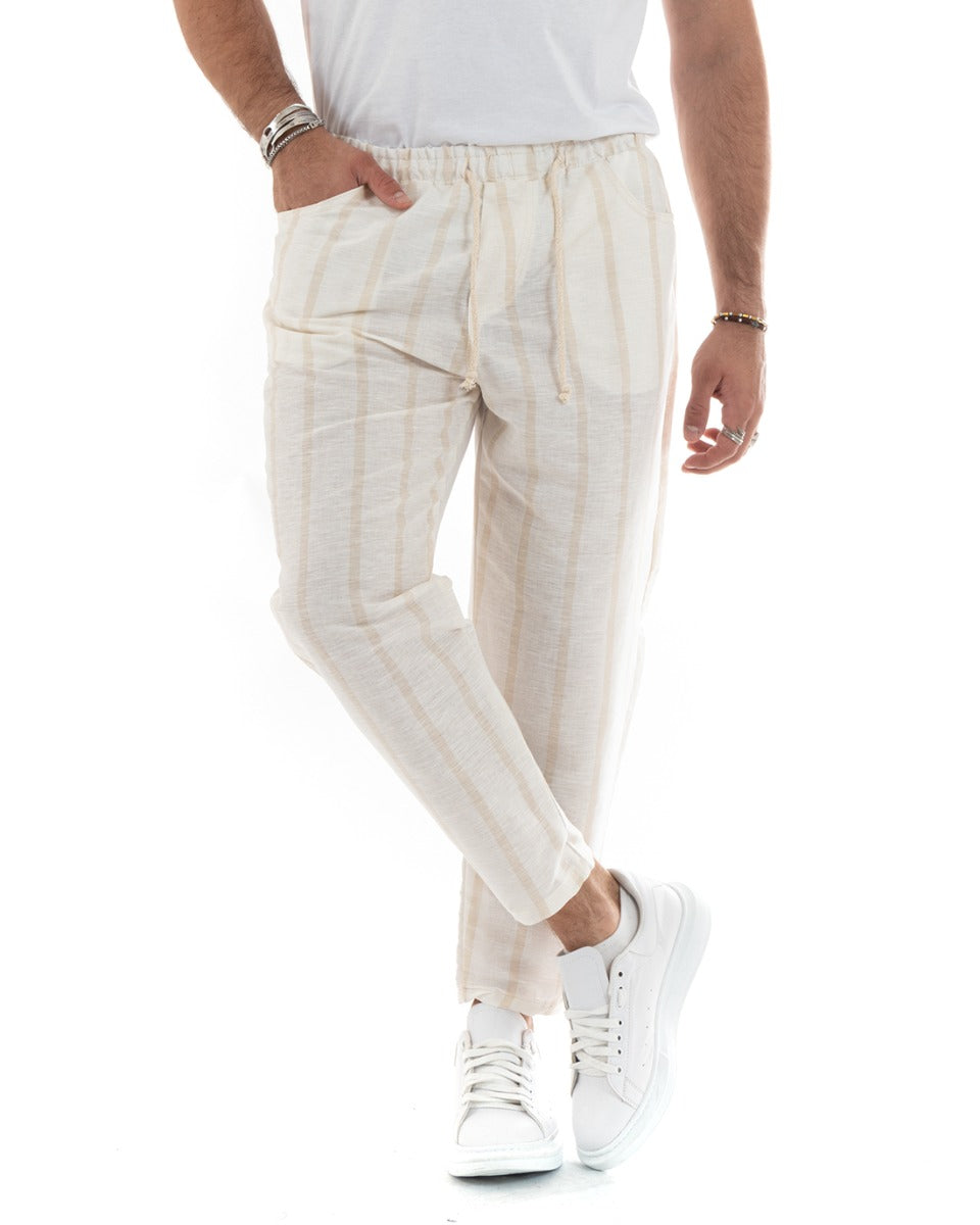 Men's Linen Striped Elastic Casual Trousers Beige Drawstring GIOSAL-P5786A