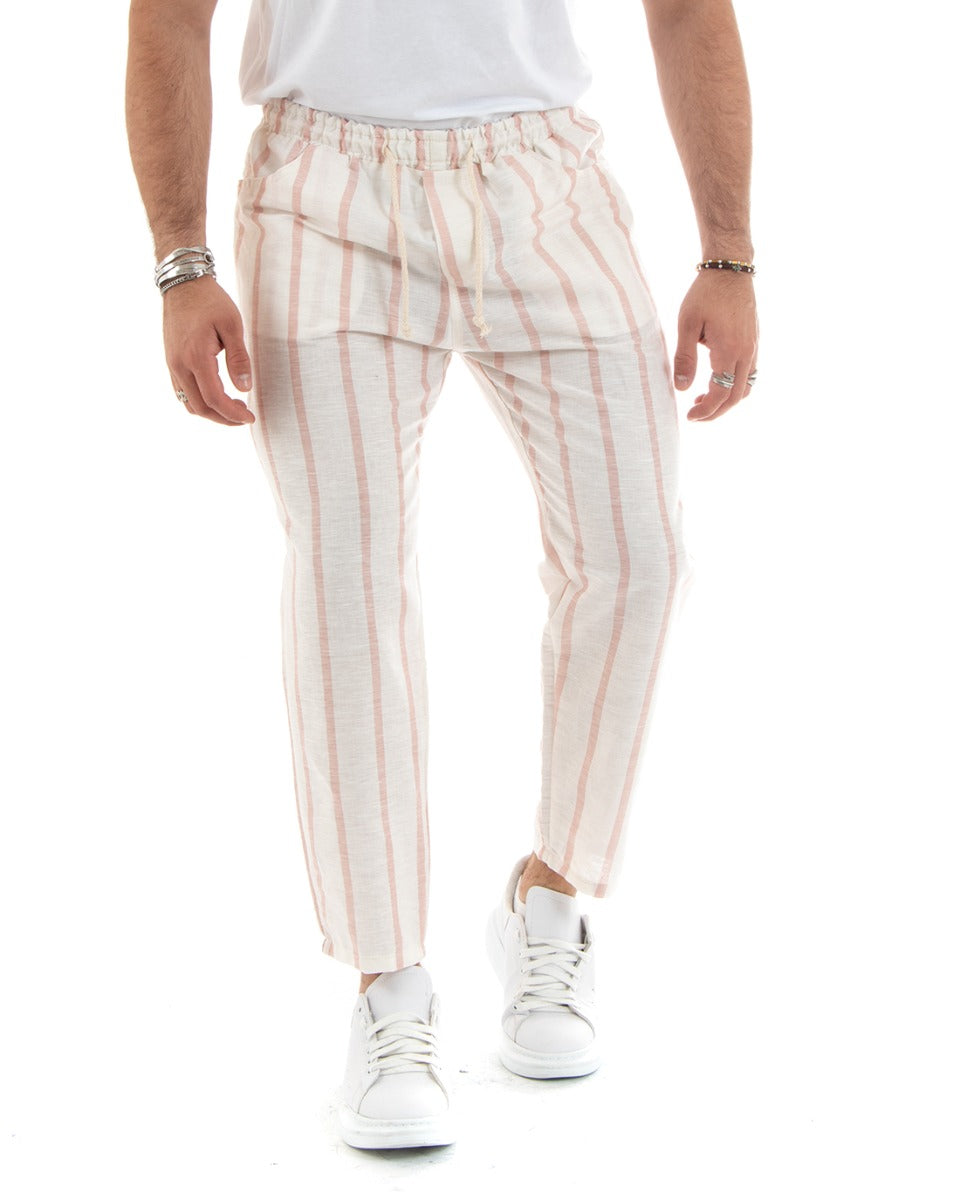 Men's Linen Striped Elastic Casual Pink Pants with Drawstring GIOSAL-P5787A