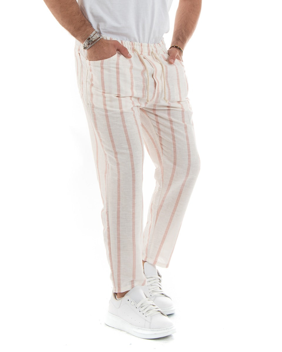 Men's Linen Striped Elastic Casual Pink Pants with Drawstring GIOSAL-P5787A