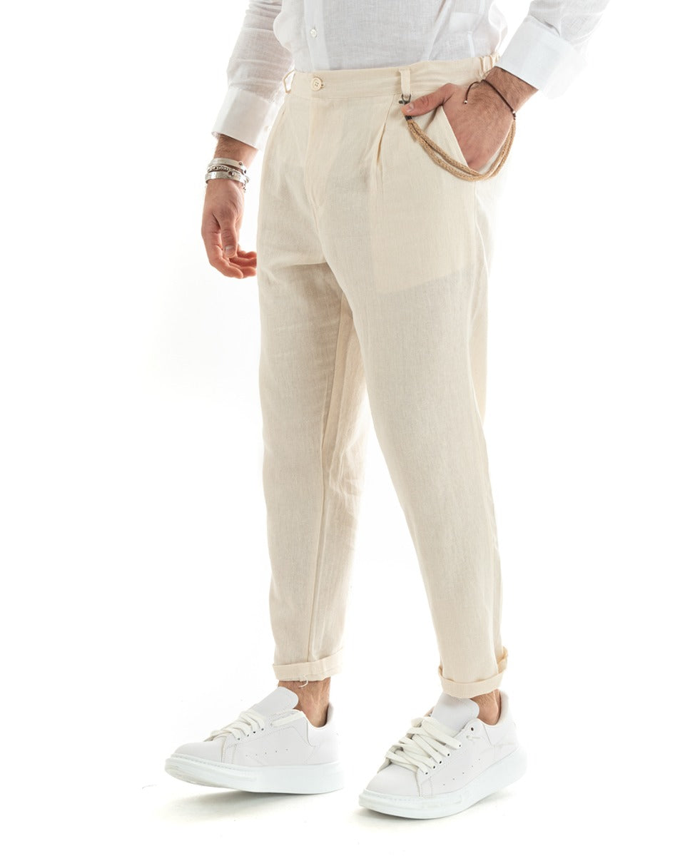 Men's Long Solid Color Beige Linen Trousers Button Casual Classic GIOSAL-P5788A