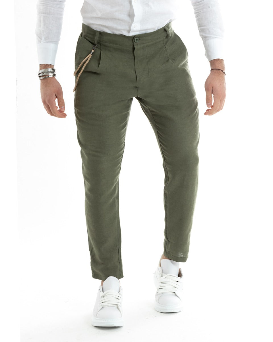 Pantaloni Uomo In Lino Tasca America Classico Sartoriale Comodo Casual Tinta Unita Verde GIOSAL-P5789A