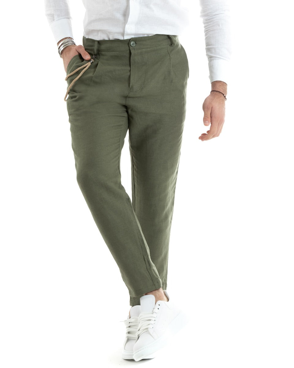 Pantaloni Uomo In Lino Tasca America Classico Sartoriale Comodo Casual Tinta Unita Verde GIOSAL-P5789A