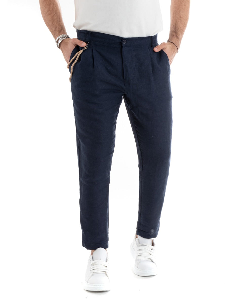 Men's Long Solid Color Blue Linen Trousers Button Casual Classic GIOSAL-P5790A