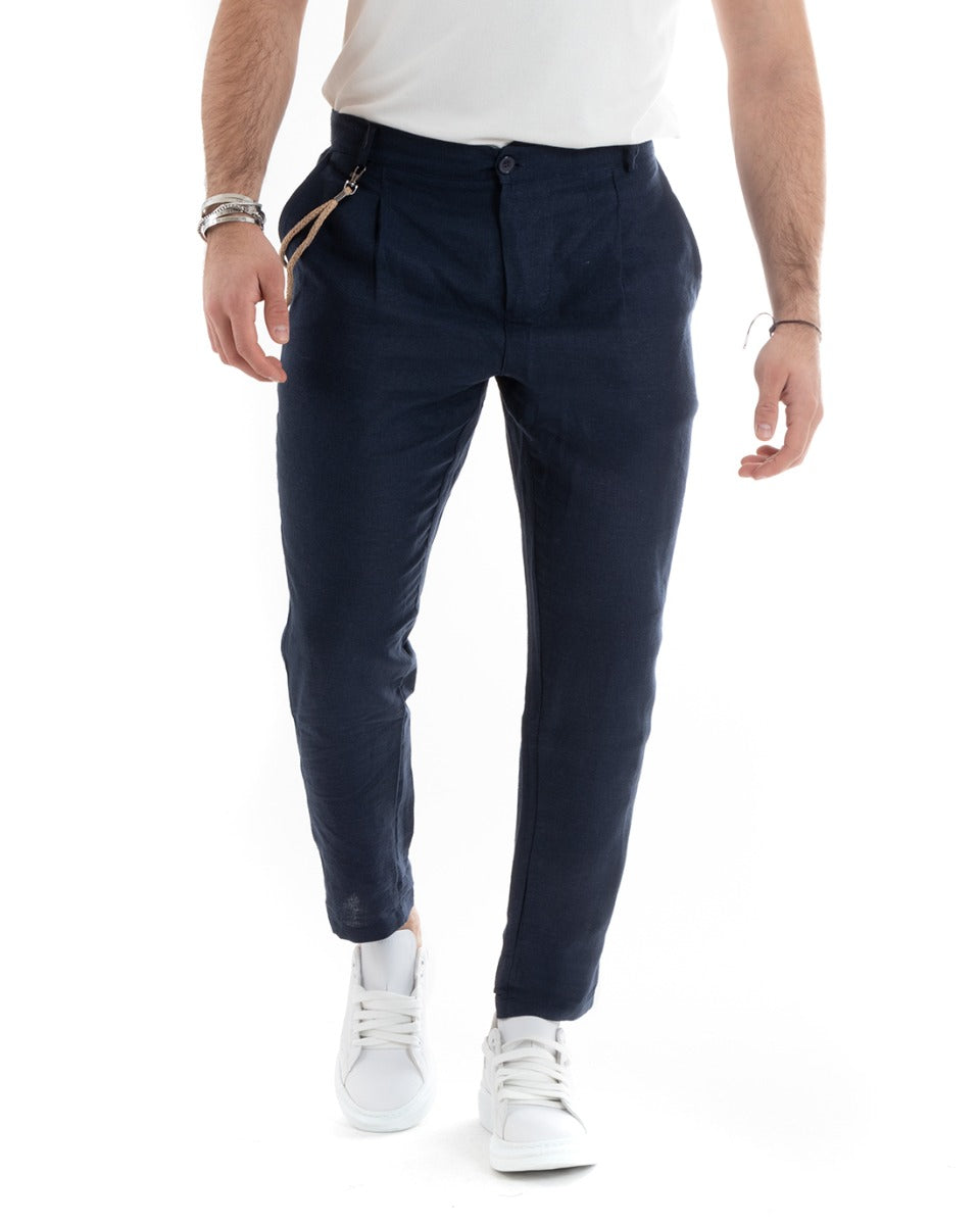 Men's Long Solid Color Blue Linen Trousers Button Casual Classic GIOSAL-P5790A
