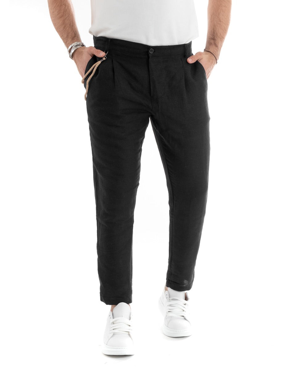Men's Long Solid Color Black Linen Trousers Button Casual Classic GIOSAL-P5791A
