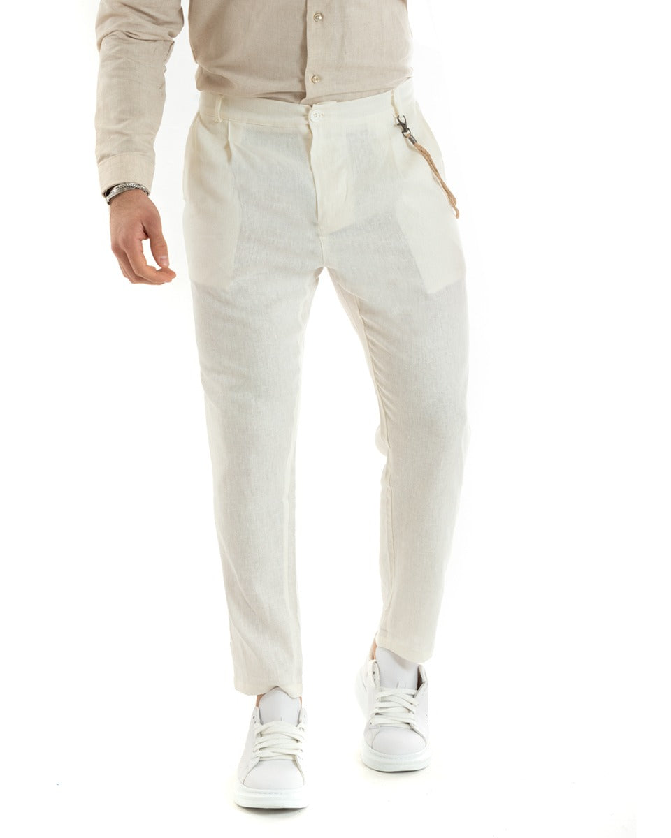 Men's Long Solid Color White Linen Trousers Button Casual Classic GIOSAL-P5792A