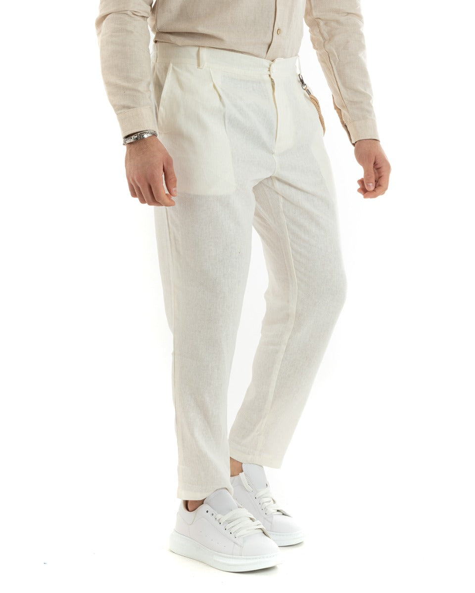 Men's Long Solid Color White Linen Trousers Button Casual Classic GIOSAL-P5792A