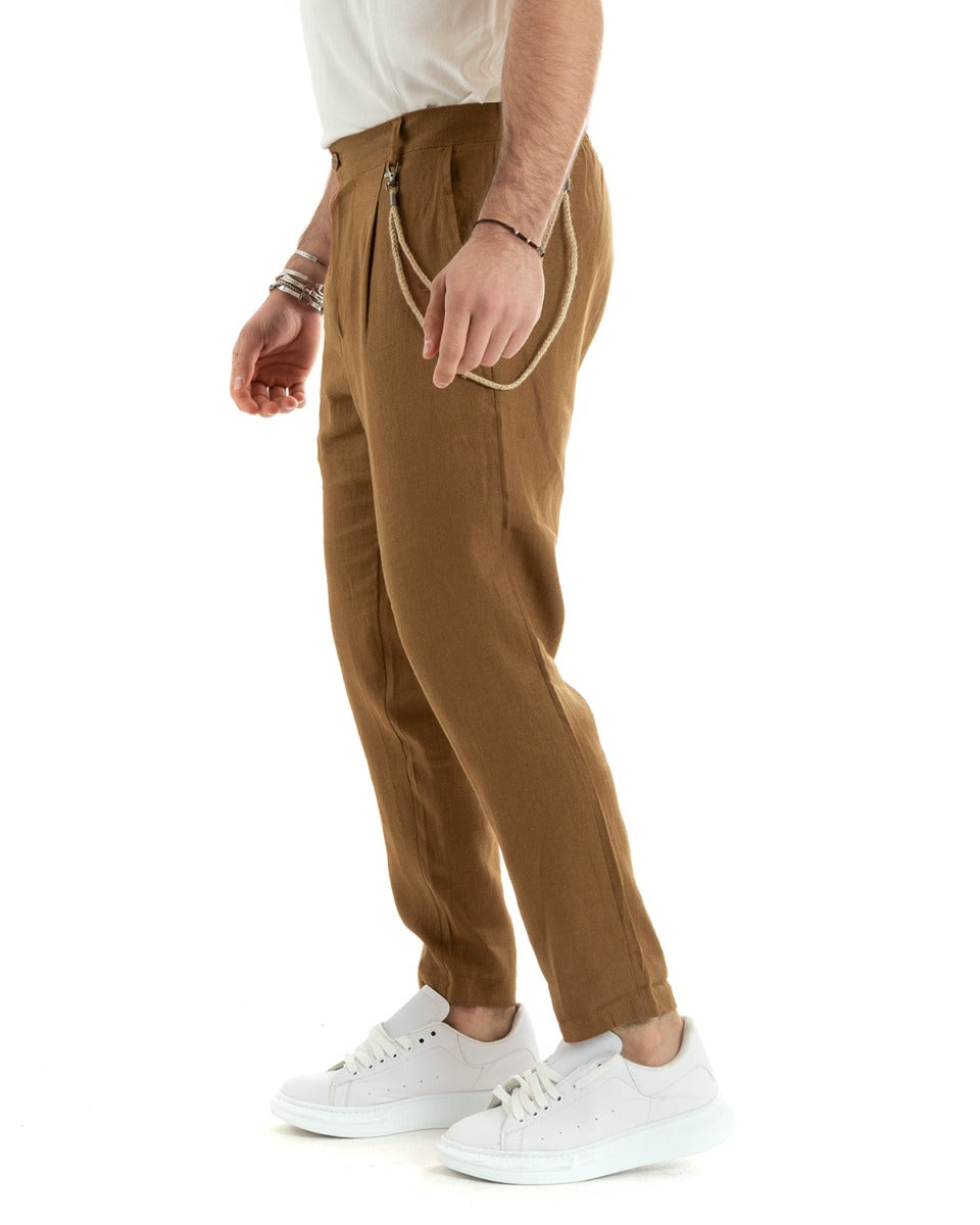 Men's Long Solid Color Camel Linen Trousers Button Casual Classic GIOSAL-P5794A