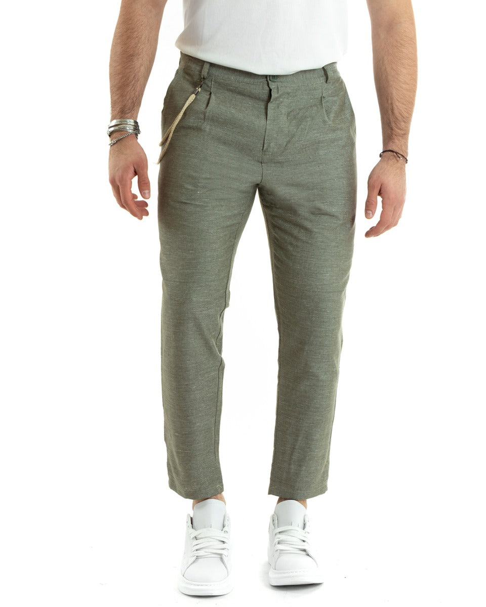 Men's Long Solid Color Trousers Olive Green Melange Linen Button Casual Classic GIOSAL-P5795A