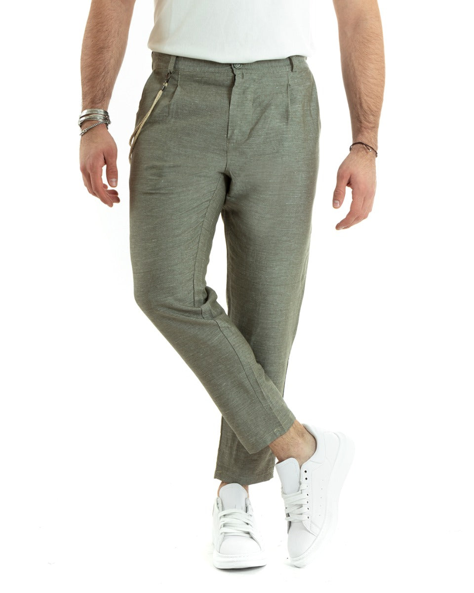 Men's Long Solid Color Trousers Olive Green Melange Linen Button Casual Classic GIOSAL-P5795A