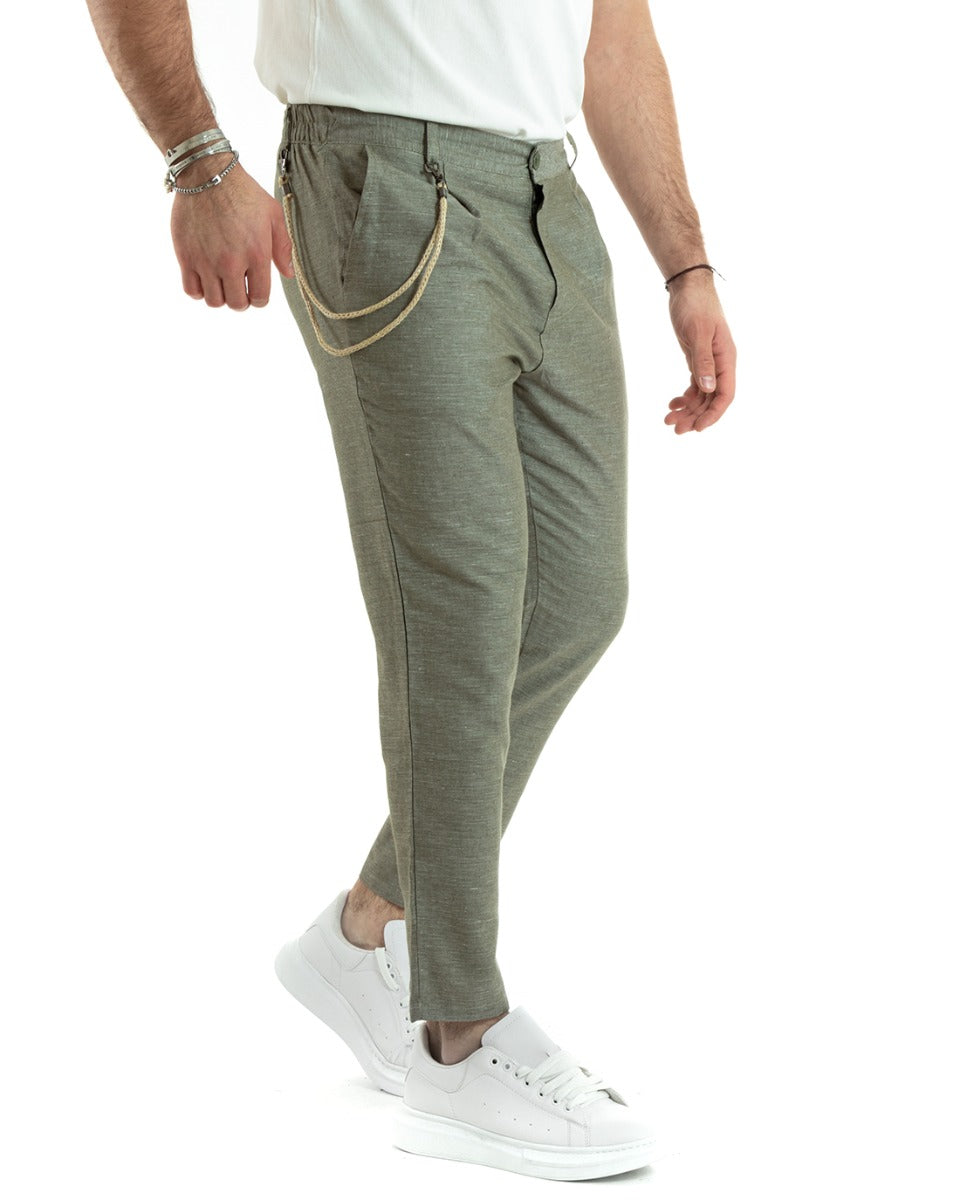 Pantaloni Uomo Lino Lungo Bottone Classico Casual Verde Melangiato GIOSAL-P5795A