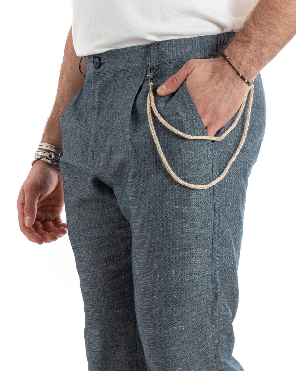 Pantaloni Uomo Lino Lungo Bottone Classico Casual Blu Melangiato GIOSAL-P5796A