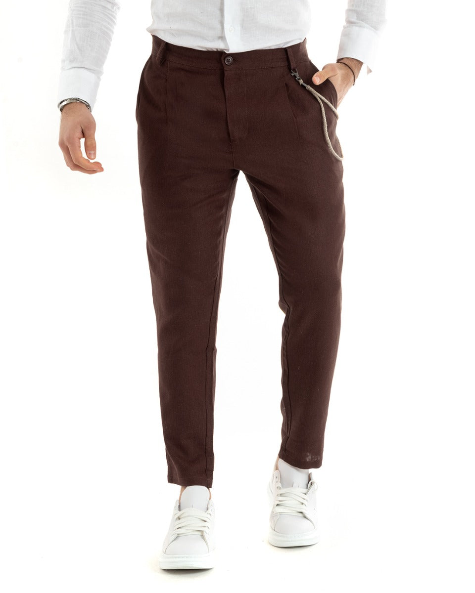 Men's Long Plain Brown Linen Trousers Button Casual Classic GIOSAL-P5800A
