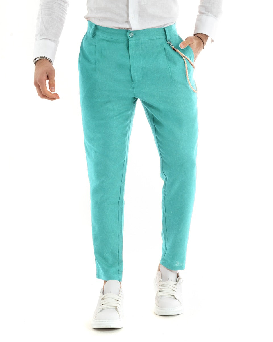Long Men's Trousers Solid Color Turquoise Linen Button Casual Classic GIOSAL-P5802A
