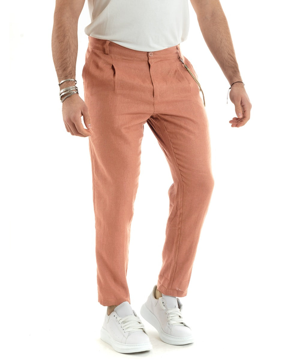 Men's Long Solid Color Peach Linen Trousers Button Casual Classic GIOSAL-P5804A
