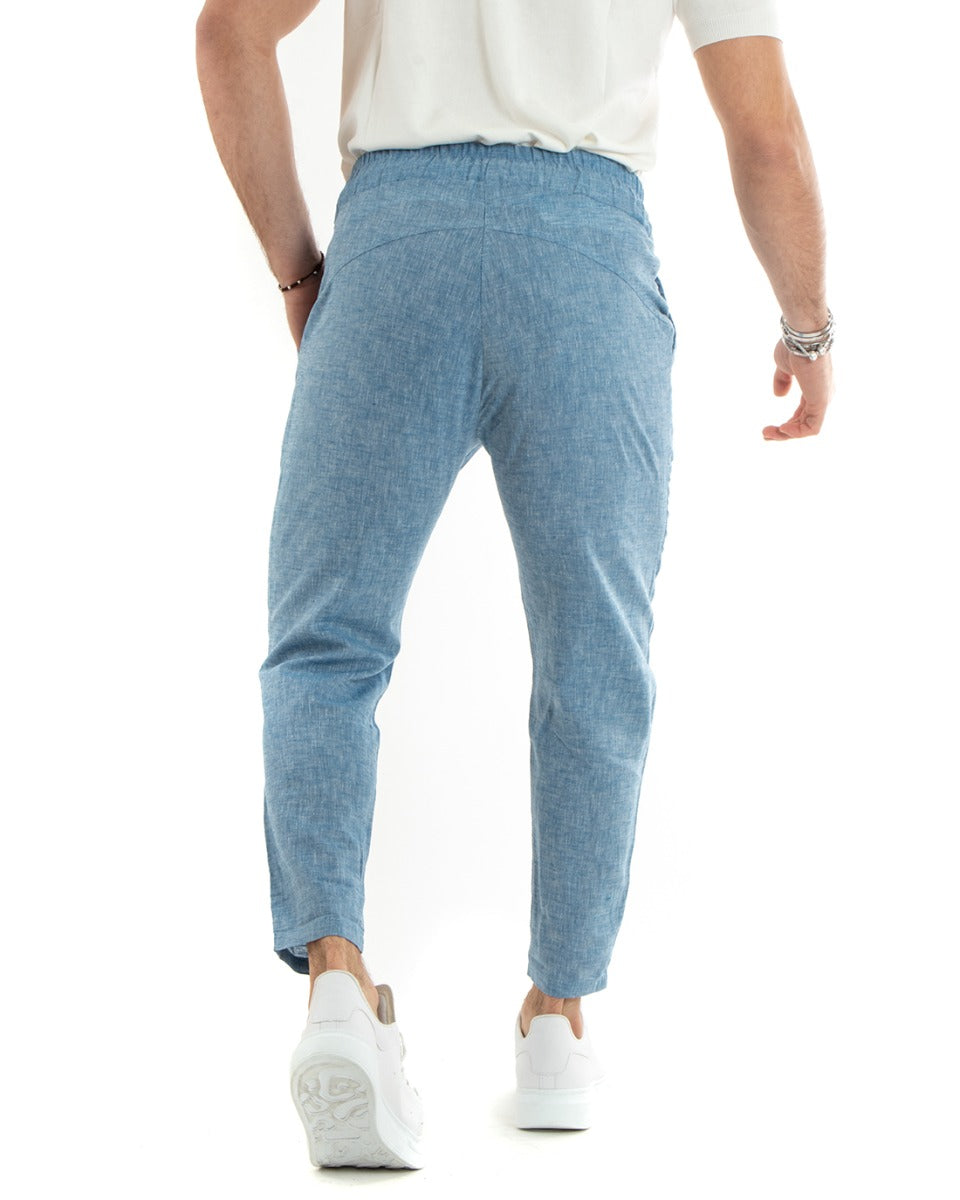 Pantaloni Uomo Lino Pantalaccio Lungo Elastico Casual Azzurro Melangiato Sartoriale GIOSAL-P5805A