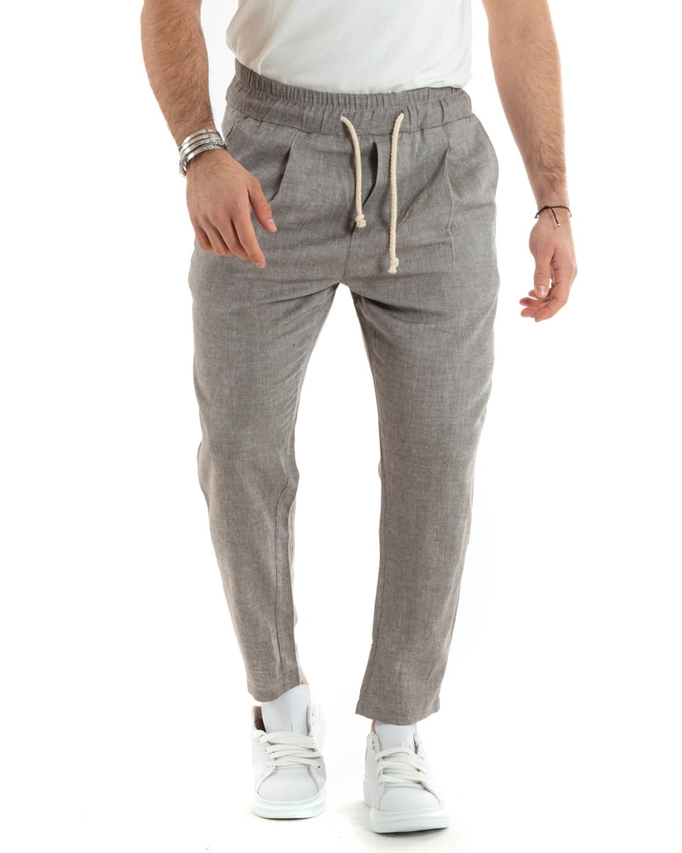 Men's Long Elastic Linen Pants Taupe Melanged Casual Tailored GIOSAL-P5807A