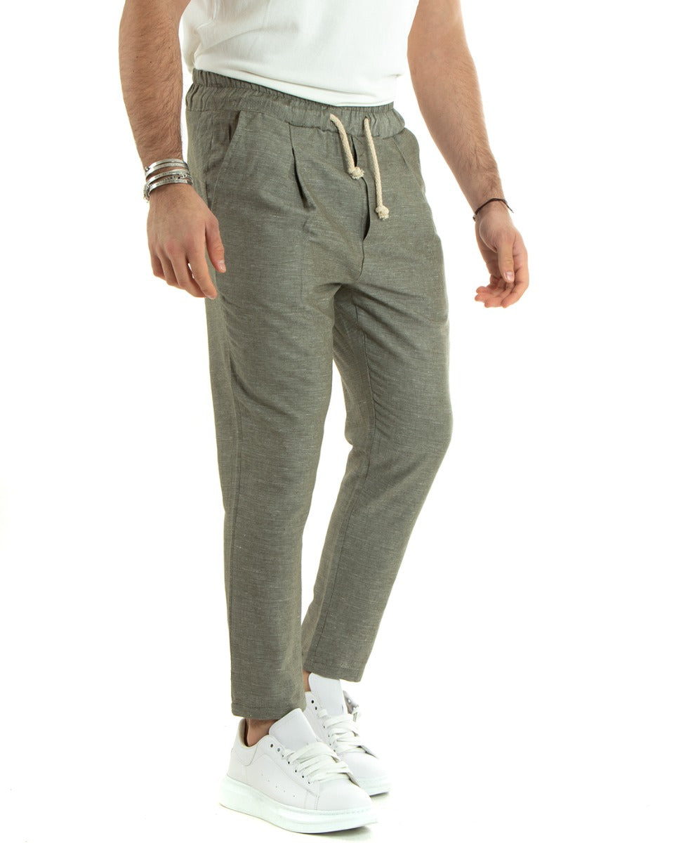 Men's Linen Long Elastic Trousers Olive Green Melange Casual Tailored GIOSAL-P5809A