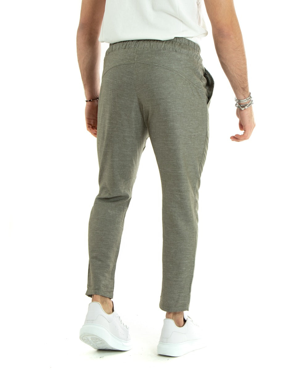Men's Linen Long Elastic Trousers Olive Green Melange Casual Tailored GIOSAL-P5809A