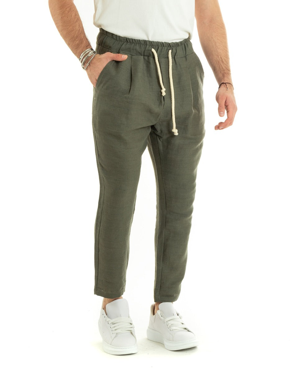Men's Long Elastic Linen Casual Trousers Green Tailored GIOSAL-P5810A