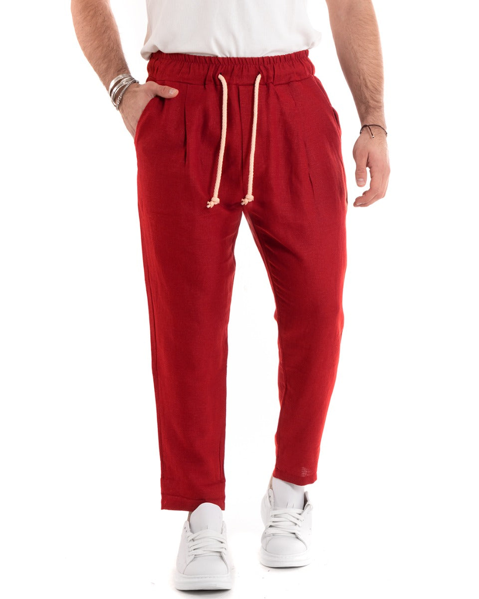 Men's Linen Long Elastic Red Casual Tailored Trousers GIOSAL-P5813A