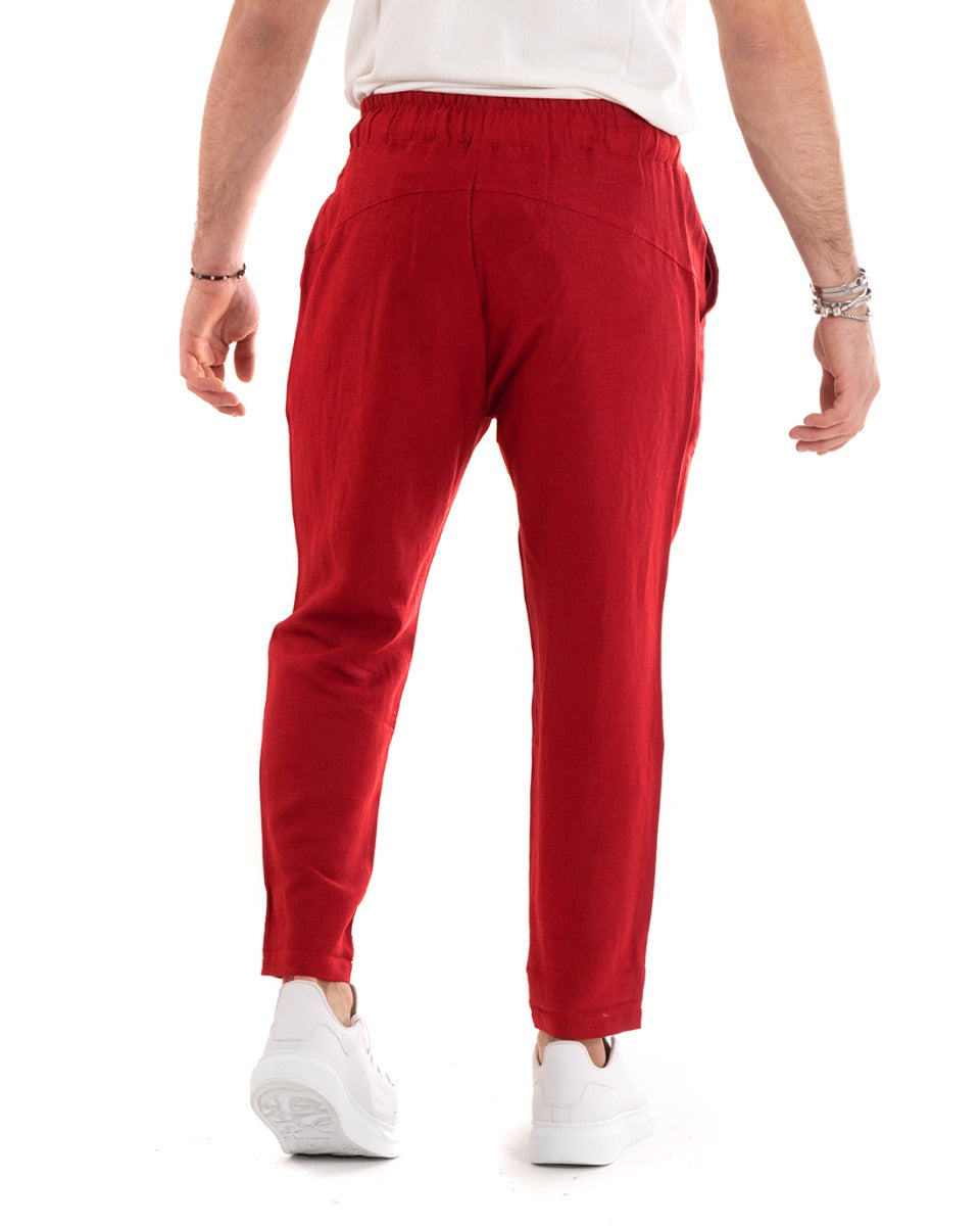 Men's Linen Long Elastic Red Casual Tailored Trousers GIOSAL-P5813A