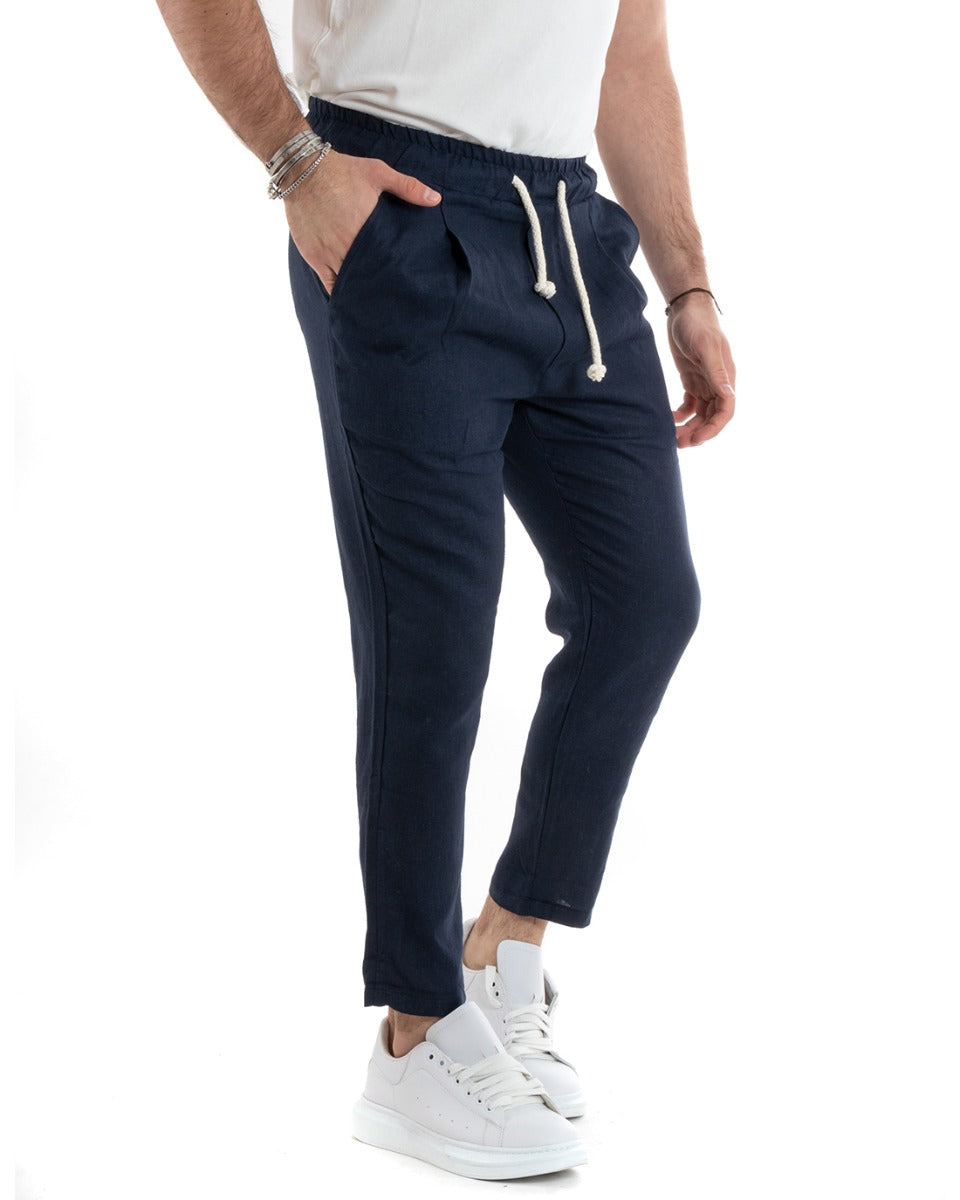 Men's Linen Long Elastic Blue Casual Tailored Trousers GIOSAL-P5815A