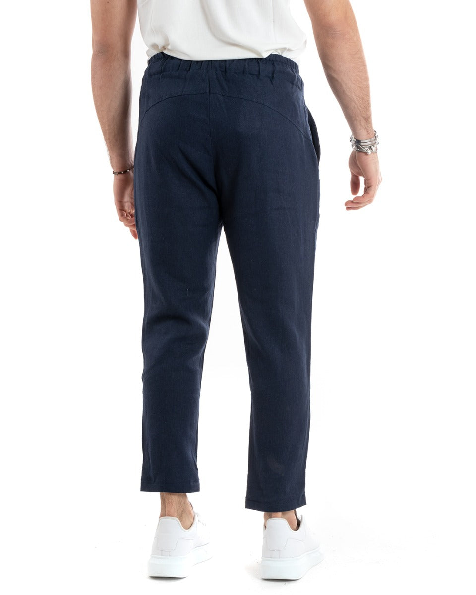 Men's Linen Long Elastic Blue Casual Tailored Trousers GIOSAL-P5815A