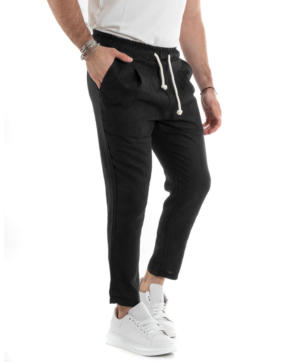 Men's Linen Long Elastic Casual Black Casual Tailored Trousers GIOSAL-P5816A